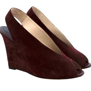 Celine Burgundy Suede Peep-Toe Wedge Slingbacks
